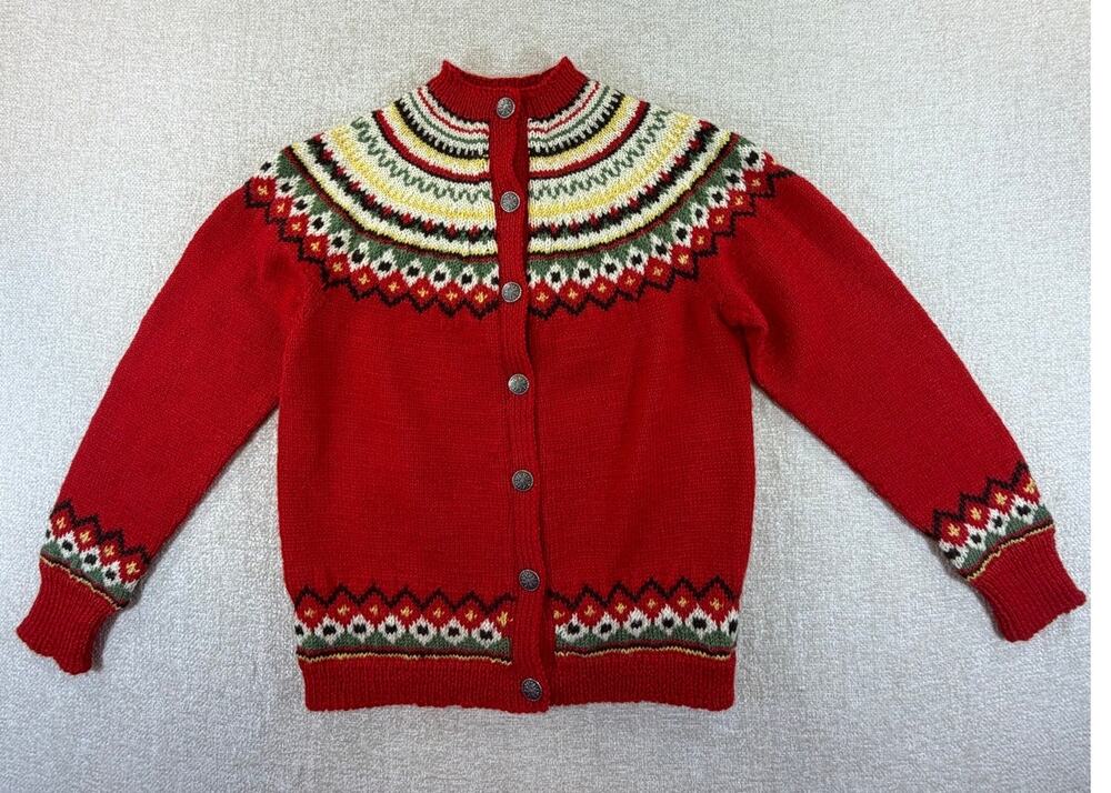 Abby Phillips Women XS Red Hand Knit Wool Alpine Cardigan Norway Nordic Knit